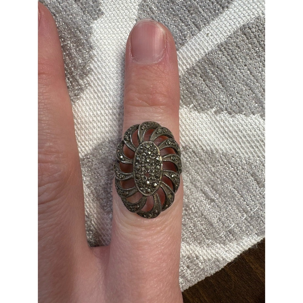 925 Sterling Silver Vintage Black Art Deco Marcasite Gem Statement Ring Size 6.5